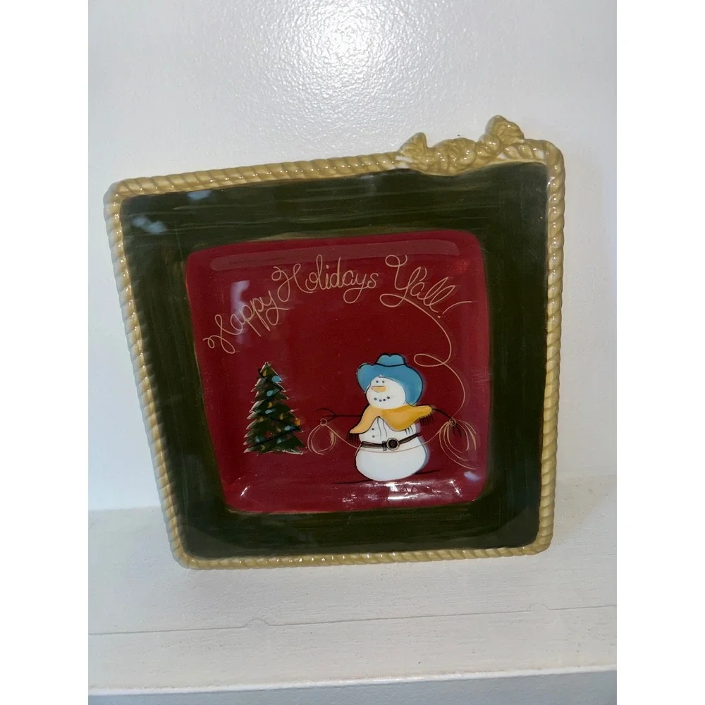 Happy Holidays Y'all Western Snowman Ceramic Square Platter Rope Trim Green Red